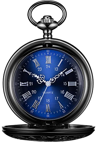 BOSHIYA Quartz Pocket Watch with Chain Mens Vintage Steampunk Pocket Watch/Roman Numerals/Hollowed Out Watch Cover/Gift Box