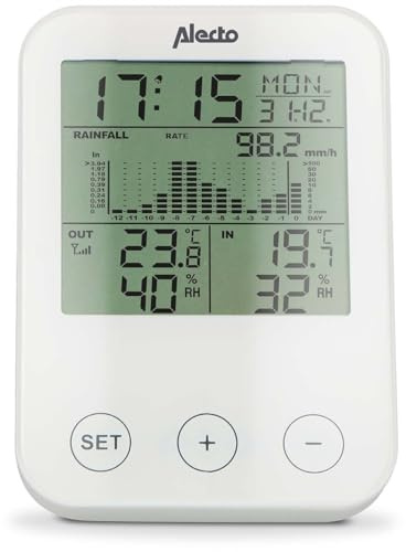 Alecto WS-1200, väderstation, temperaturmätning, luftfuktighet, trådlös nederbördsmätning, batteridriven, trådlös extern sensor, vit