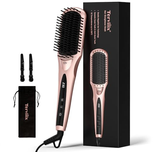 Terviiix Hair Straightening Brush, Negative Ion Ceramic Hair Straightener Brush for Hair Types, Anti-Scald Ceramic Straightener Comb with Dual-Voltage, 16 Temp Settings Hot Brush, Auto-Off