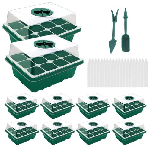 HRKVSK Mini Gewächshaus Anzucht, 10 Stück 120 Zellen Zimmergewächshaus Anzuchtkasten, Pflanzen Anzucht Set mit Deckel, Anzuchtkasten mit 10 Etiketten 2 Werkzeuge für Sämling Pflanze