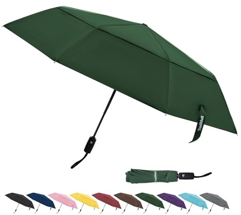 TradMall Travel Umbrella, 42 Inches Double Vented Canopy Windproof Automatic Strong Compact Folding Umbrellas for Rain Women and Men, Dark Green