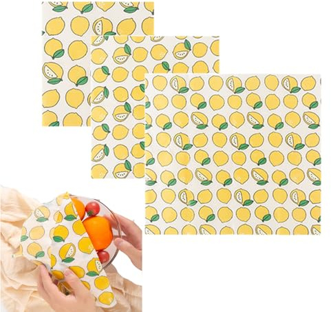 Yosugar Set di 3 panni di cera d'api biologici, ecologici, riutilizzabili, 3 misure (18 x 20 cm, 25 x 28 cm, 33 x 36 cm) (limone)
