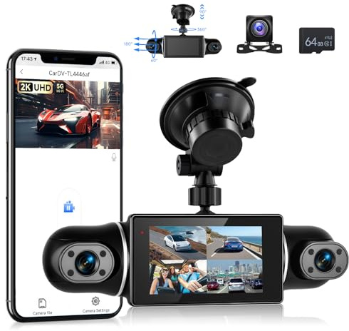 VECHTEL 2K Wi-FI Dashcam Auto avec Écran IPS de 3 Pouces Dash Cam Auto avec Vision Nocturne, SD 64GB Inclus, G-Sensor, 24H Mode Parking, Enregistrement en Boucle, Assistant de Recul