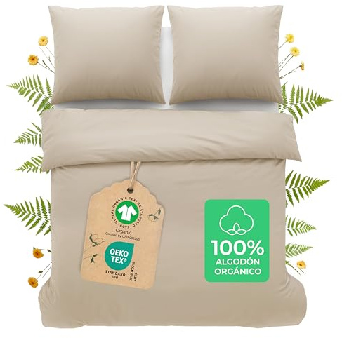 Dreamzie Funda Nordica Cama 150 Algodon Organico - Funda Nordica 200x200cm, Fundas de Almohada 80x80cm (x2) - Funda Edredon Algodon Bio Percal 180 TC - Certificado Oeko-Tex & Gots - Beige