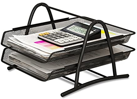 CHEOTIME Bandeja de Malla para Documentos, Organizador de Escritorio de Metal Negro de 3 Niveles con estantes Deslizantes para Almacenamiento de Cartas de Archivos de Papel A4, (2 Layer)