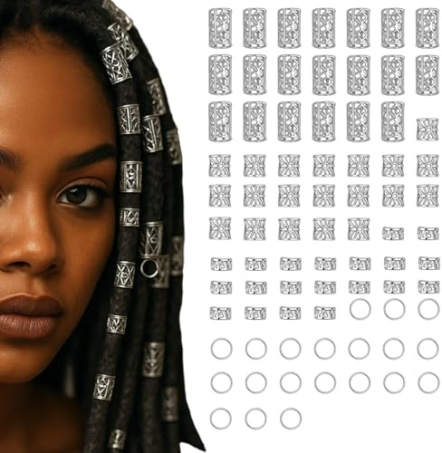 wilcractk 80 Stück Silber-Haarschmuck für Zöpfe, Schmuck für Haar, Manschetten-Clips für Dreadlock-Zubehör, Haarringen Vielseitiger Schmuck für Braids, Ideal für Männer Frauen Mädchen und Jungen Zöpfe