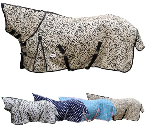 RL24 - Fliegendecke mit Halsteil & Kreuzgurt Design Leopard – Ekzemerdecke mit verstellbaren Kreuzgurten & Schweiflatz – Decke zum Schutz vor Insekten – Outdoor-Pferdedecke – 155 cm