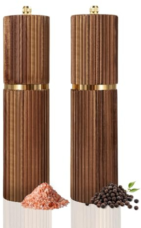 Acacia Wooden Salt and Pepper Grinder Set – Refillable Manual Salt and Pepper Mills with Adjustable Ceramic Core, Gold Stainless Steel Decor Kitchen Home Gift for Birthday Christmas Men Women