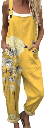 Salopette Femme fluide generic, Combinaison en lin Ample et Décontracté Femme avec Bretelles Réglables et Poches, Salopette de Travail Ete Fluide chic, Pantalon Imprimé spaghetti Grande Taille
