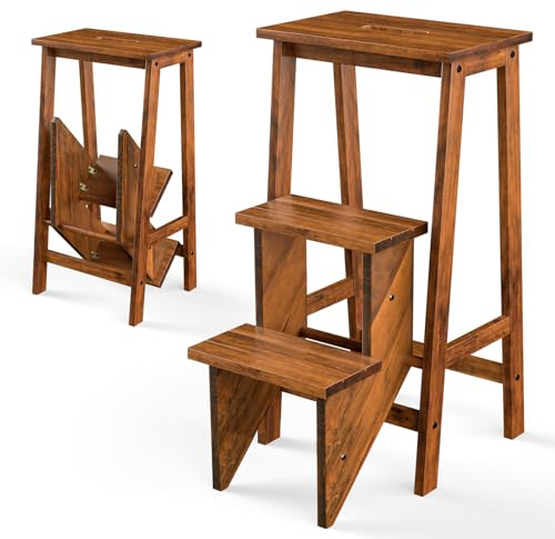 Costzon Folding 3 Step Stool, 3 in 1 Wooden Step Ladder with Handle, Non-Slip Pedal, Multifunctional Storage Shelf, Flower Rack for Kitchen, Library, Garage, Foldable Step Stool for Adults Kids