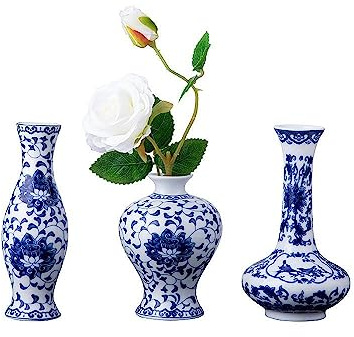 Set di 3 Piccoli Vasi in Porcellana Blu e Bianca, Smaltata, Classici Vasi da Fiori in Ceramica per la Decorazione della Casa