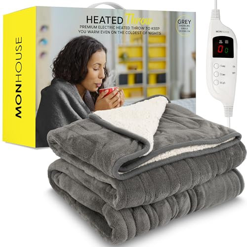 MONHOUSE Heated Throw - Electric Blanket - Digital Controller - Timer up to 9 hours, 9 Heat Settings, Auto Shutoff - Machine Washable - Single 130X160cm -GREY SHEARLING