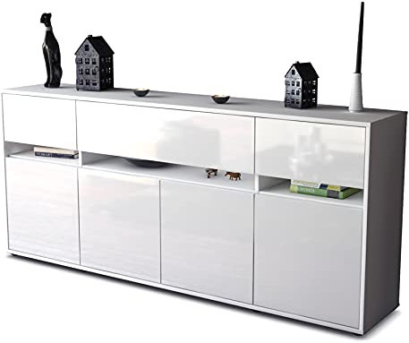 Stil.Zeit Kommode Sideboard, Anais, Korpus Weiss matt, Front Hochglanz Design Weiß, (180x79x35cm), Push to Open Technik & Leichtlaufschienen