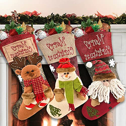 CHAMEEN Juego de 3 calcetines de Navidad, grandes medias de Navidad para decoración de árboles, botas de Papá Noel para rellenar y colgar para niños, con temática de Papá Noel, reno, muñeco de nieve