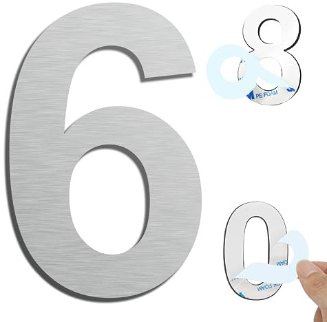 Ywonoby Hausnummern Selbstklebend, 6 inch Edelstahl Hausnummern Aufkleber, für Tür, Briefkasten, Außen, Anti-Friktion, Wetterfest, Silber Ziffer 6