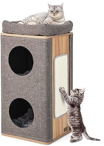COSTWAY Maison pour Chat à 3 Étages, Tonneau Griffoir Chat, 2 Condos, Planche à Griffer en Sisal, Plateformes, Tour pour Chaton, 3 Coussins Amovible, Peluche Douce, 38 x 38 x 77,5 cm