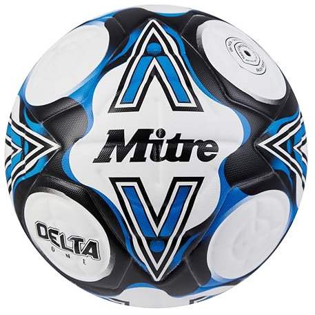 Mitre Delta Football | Highly Durable | Enhanced Accuracy and Consistency, White/Black/Blue, 5