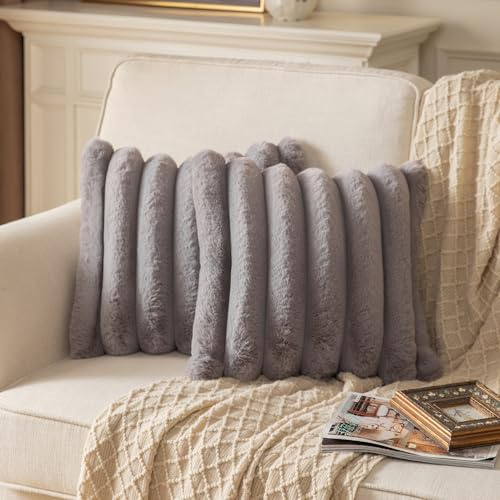 YAERTUN Set of 2 Grey Striped Decorative Cushion Covers 18x18 Inch 45x45 cm Plush Soft Throw Pillow Case with Velvet Back Faux Rabbit Fur Pillow Covers Sofa Couch Bed Livingroom