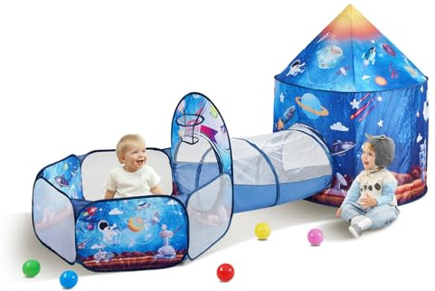 VEVOR 3 in 1 Kids Play Tent with Tunnel for Boys, Girls, Babies and Toddlers, Indoor/Outdoor Pop Up Playhouse with Carrying Bag & Banding Straps Birthday Gifts, Royal Blue Color Rocket Theme