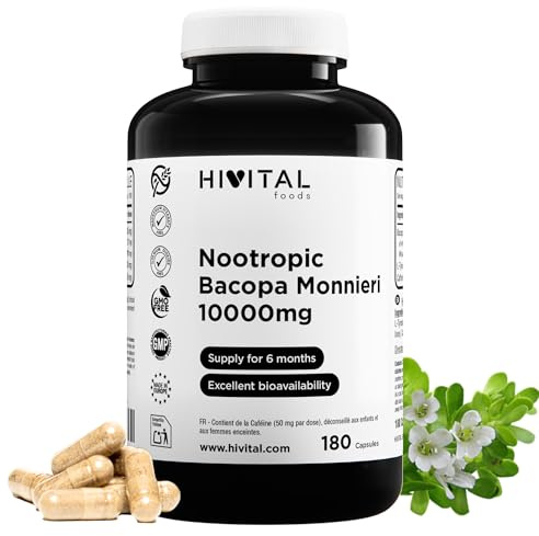 Nootrópico Bacopa Monnieri 10000 mg. 180 cápsulas para 6 meses de tratamiento. Nootropic natural con L-Tirosina y Cafeína. Fabricado en España por HIVITAL