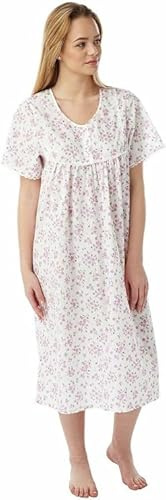 REEVE Womens Nightwear Cotton Floral Print Short Sleeve Front Button Opening Ladies Nighties with Lace - Pink Blue Lilac Nightdresses for Women UK Size 10-30 MN11 (Pink, 16-18)