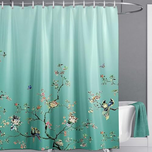 LIVETTY Ombre Green Bird Extra Long Shower Curtain 180cm × 210cm Drop Floral Butterfly Fabric Bathroom Mould Proof Spring Washable Shower Curtain With 12 Hooks