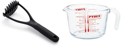 OXO Good Grips Nylon Potato Masher, Black & Pyrex Glass Measuring Jug, Transparent, 1 Litre