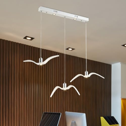 Luminaire suspension créatif mouette Salle à manger éclairage LED Lumière blanche chaude Lustre Rectangulaire Blanc Résine lampe suspendue Moderne Salon Restaurant Bureau Plafonnier Réglable, D60cm