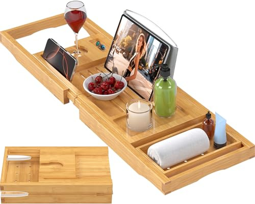 Foldable Bathtub Caddy Tray for Tub,Bamboo Expandable Bath Table Trays,Premium Bathroom Accessories for New Home & Mothers Day & Birthday Gifts for Couples,Natural