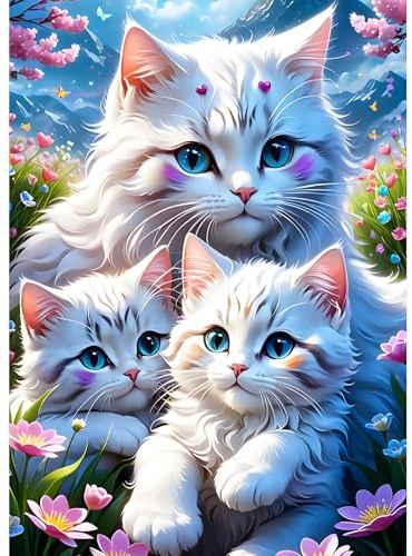 DPHERO Three Kittens Diamond Painting Kits for Beginners Adults,5D DIY Wildflowers Diamond Art Kits,Round Full Drill White Cat Gem Art Crafts,DIY Painting by Numbers for Home Wall Decor 12x16 inch
