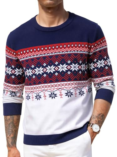 Crewhpo Maglione Natalizio Uomo con Stampa di Renna Maglioni Natalizie Inverno Caldo Maglioni Natale a Maniche Lunga Maglione Natalizio Girocollo Pullover Natalizi Lavorato a Maglia Blu Navy S