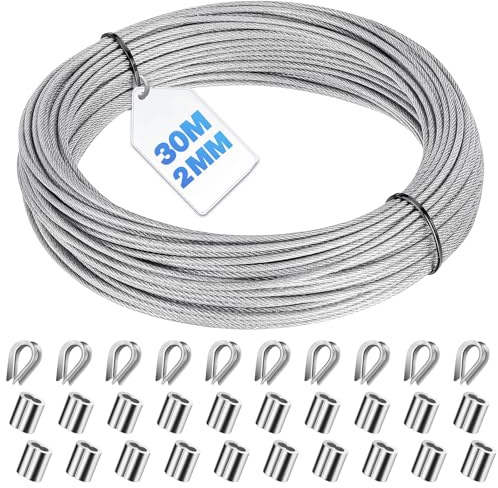 Bridokit 30m2mm PVC Coated Stainless Steel Wire Rope Kit, Heavy Duty Garden Wire for Climbing Plants, String Lights Hanging, Fencing, Includes M2 Double Aluminum Crimping Loops Sleeve & Steel Thimbles