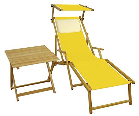Liegestuhl gelb Fußteil Sonnendach Kissen Tisch Gartenliege Holz Sonnenliege Buche 10-302NFSTKH
