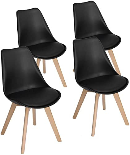 H.J WeDoo - Juego de 4 sillas de comedor escandinavas, sillas retro de madera de haya maciza, negro