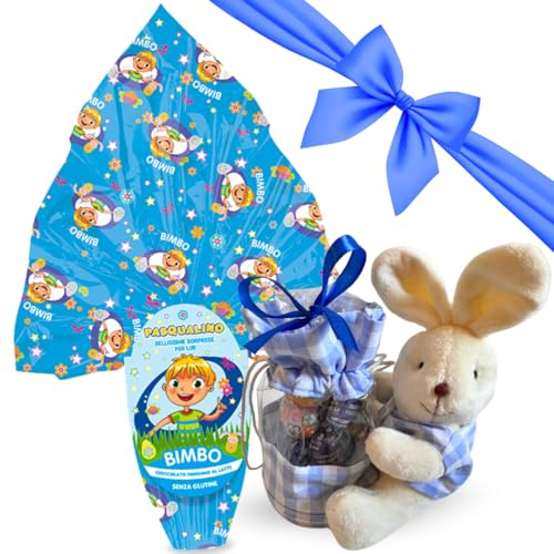 Idee Regalo Bimbo |Primavera - Uovo di Pasqua Bimbo al Latte 150g (Senza Glutine) + Sacca Porta Cioccolatini Coniglietto Azzurro +100gr Ovetti Pasquali - Regalo Maschio
