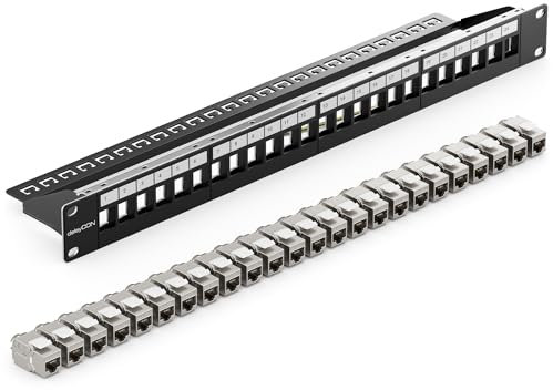 deleyCON 24 Port CAT 8 Patchpanel Set Verteilerfeld Patchfeld 19 Zoll 1 HE + 24x RJ45 Keystone Jack Modul CAT8 40 Gbit/s 2000 MHz Kompatibel mit Verlegekabel CAT7 CAT-8 Ethernet Netzwerkkabel