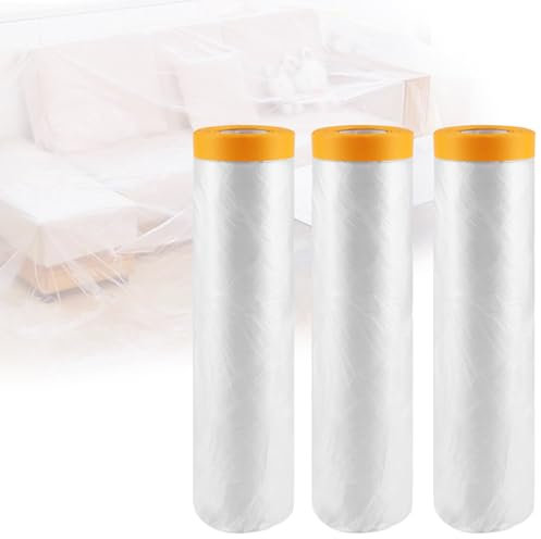 APACALI 3 Stück Abdeckfolie mit Klebeband, 400cmx20m Malerfolie, Transparent PE-Folie mit Gelb Papier Maler, Selbstklebend Maler Abdeckfolie für Außen zum renovieren malerfolie