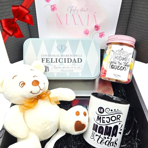 Pack Regalos Originales para Dia de la Madre | Incluye Lata de Bombones Praliné + Taza Mamá + Peluche + Frasco de Chuches 300 gr Dia de la Madre | Cesta Chocolates para Mamá