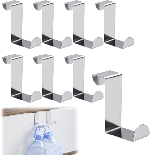 8pcs Over Door Hanger 1.8 cm (0.7) and 4 cm (1.57) Dual Head Stainless Steel Z Shaped Reversible Door Hooks No Drilled Space Saving Cupboard Hooks for Kitchen Wardrobe Bedroom Bathroom (Silver)