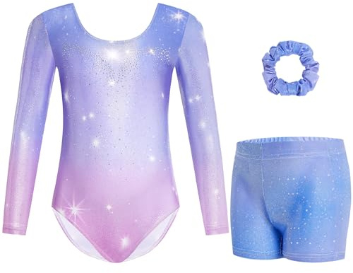 Gogokids Mädchen Dreiteilige Gymnastikanzüge, Langärmliges Gymnastik Set mit Shorts und Haarband, Glitzernde Balletteinheitstrikots - Gymnastik Outfit mit Farbverlaufdesign für 11-12 Jahre