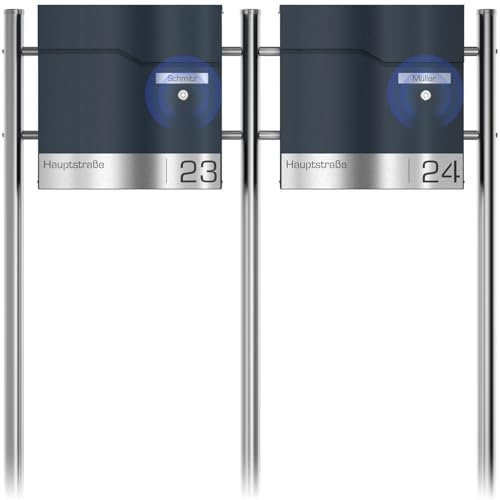 Graviers Design Antracite RAL 7016 Cassetta postale doppia con campanello radio integrato - Targhetta in acciaio inox personalizzata nome via numero civico - con serratura