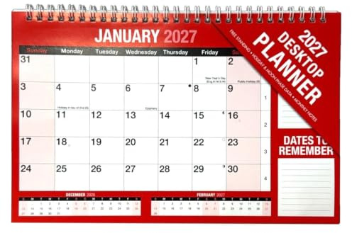PaulStore 2027 Desk Calendar - Month to View Desktop Planner Pad for Home Office and School, Red & White Monthly Agenda Planner for Students and Professionals (Red 2027)