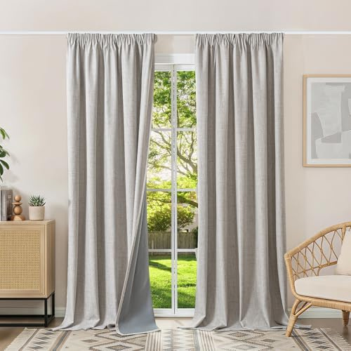 Runyéla 100% Verdunklungsvorhänge Thermovorhänge Kälteschutz Gardinen mit Kräuselband 245 x 140 cm (HxB) 2er Set Leinenoptik Vorhänge Blickdicht Grauweiß, Schiebegardinen Wohnzimmer Curtain