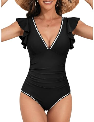 Nadeer Bañadores Mujer Reductores Trajes de Baño Una Pieza Push Up Sexy Cuello en V sin Espalda Monokini Manga con Volantes Ropa de Baño para Piscinas de Playa(Negro,XXL)