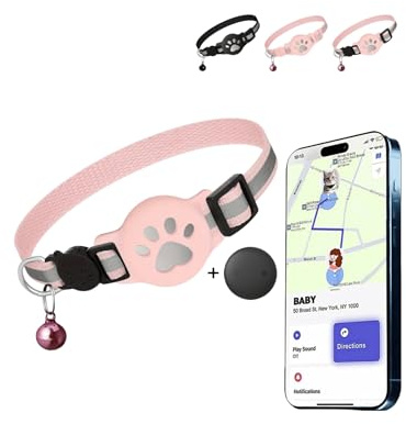 Collier GPS Chat sans Abonnement ni Carte SIM, Traceur GPS Étanche IP67 pour Chat, Localisation en Temps Réel, Compatible iOS et Android, Collier Réfléchissant Anti-Perte (Rose et Noir)