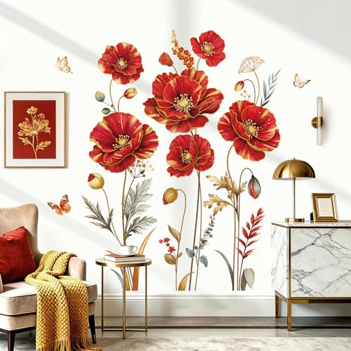 decalmile Stickers Muraux Fleur Coquelicots Rouge Autocollant Mural Floral