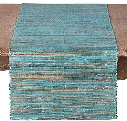 SARO LIFESTYLE 217.TQ1672B Melaya Collection Shimmering Woven Nubby Water Hyacinth Table Runner, 100%, Turquoise