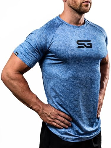 Satire Gym - Camiseta de fitness para hombre – Ropa deportiva funcional – Adecuado para entrenamiento – Corte ajustado, Hombre Niños, Azul Melange, L