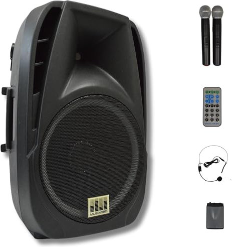 MUSYSIC Portable Bluetooth Speaker 15'' 2000W - Indoor Outdoor Speakers Karaoke Sound System w/Wireless Mic -Rechargeable Battery, Dual Wireless UHF Microphones, XLR RCA AUX FM for Party, Event