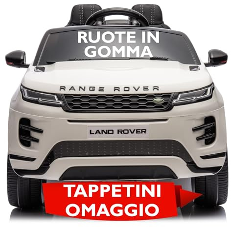 Land Rover Range Rover Evoque 12V Auto Elettrica per Bambini con Ruote in Gomma Sedile in Pelle Cintura 5 Punti Telecomando Luci LED Bluetooth MP3 USB Ammortizzatori Tappetini Inclusi (Bianco)